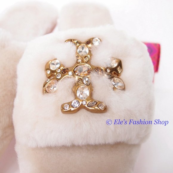 NIB Tory Burch Jeweled Double T Shearling Slipper Buttermilk US 7.5 8 8.5 9 9.5 - Picture 9 of 16